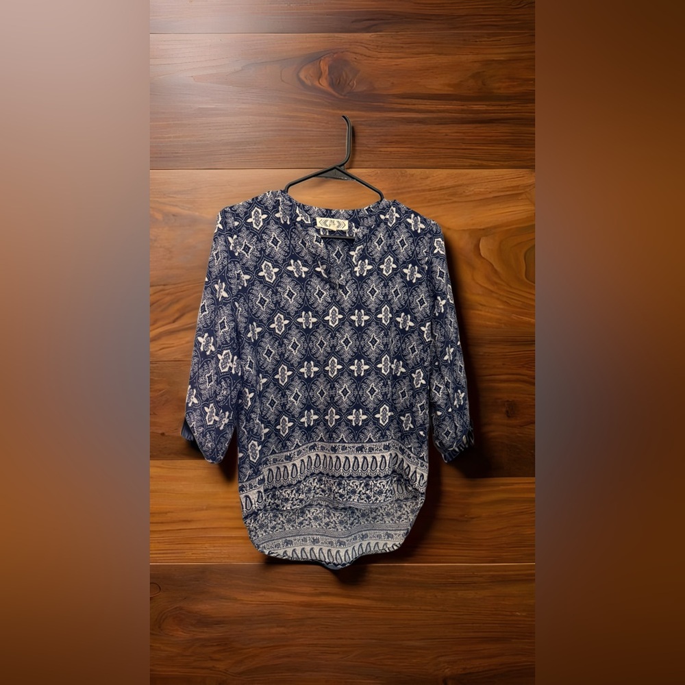 Pink Rose Navy and White Patterned Blouse